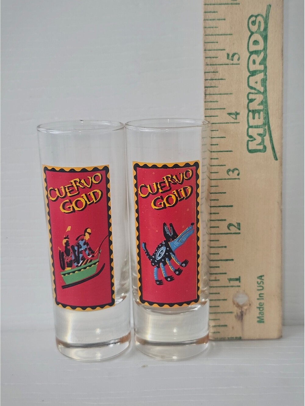 Set of 2 Cuervo Gold Shot Glasses with Colorful Mexican Artwork